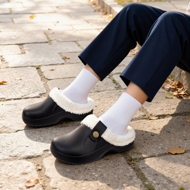 ChayChax Women and Men Fur Lined Clogs Memory Foam Warm Fuzzy Slippers Winter Waterproof Indoor Outdoor Slipper, Black, 7.5-8.5 Women/6.5-7 Men - Image 2